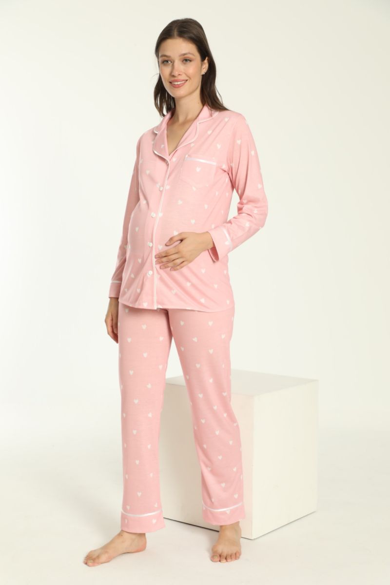 Pembe Kalp Desenli Düğmeli Uzun Kol Hamile Ve Lohusa Pijama Takımı