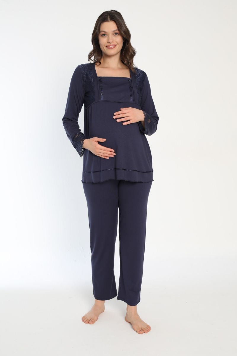 Uzun Kol Mavi Hamile Ve Lohusa Pijama Takımı 4150