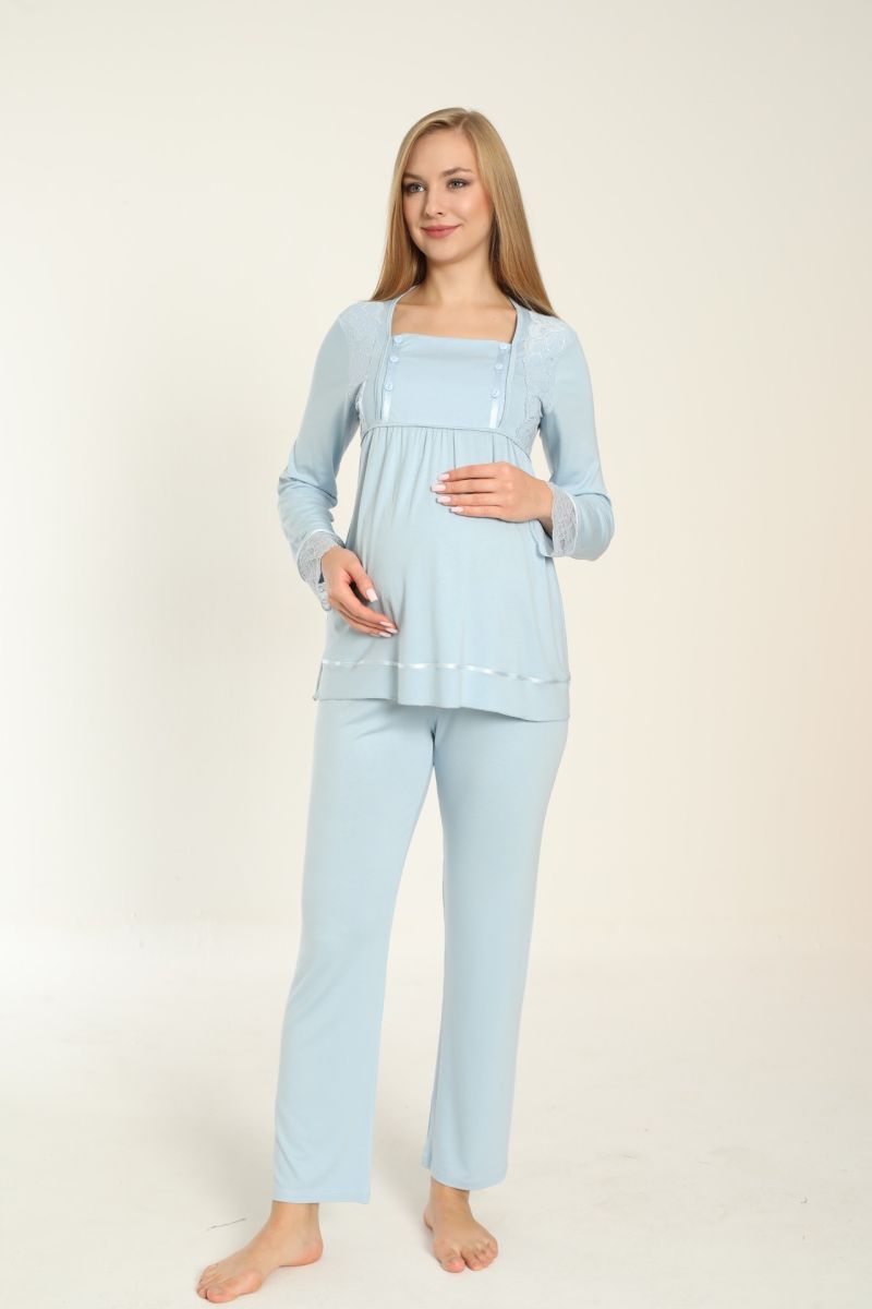 Uzun Kol Mavi Hamile Ve Lohusa Pijama Takımı 4150