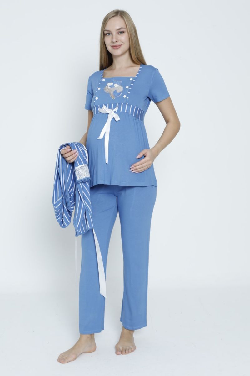 Çizgi Desenli Sabahlıklı Hamile ve Lohusa Pijama Takımı 3833