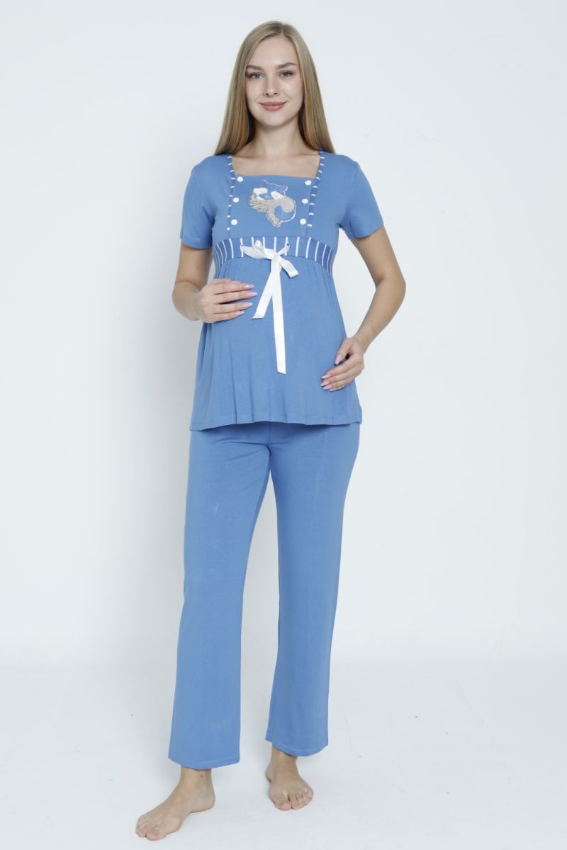 Çizgi Desenli Sabahlıklı Hamile ve Lohusa Pijama Takımı 3833