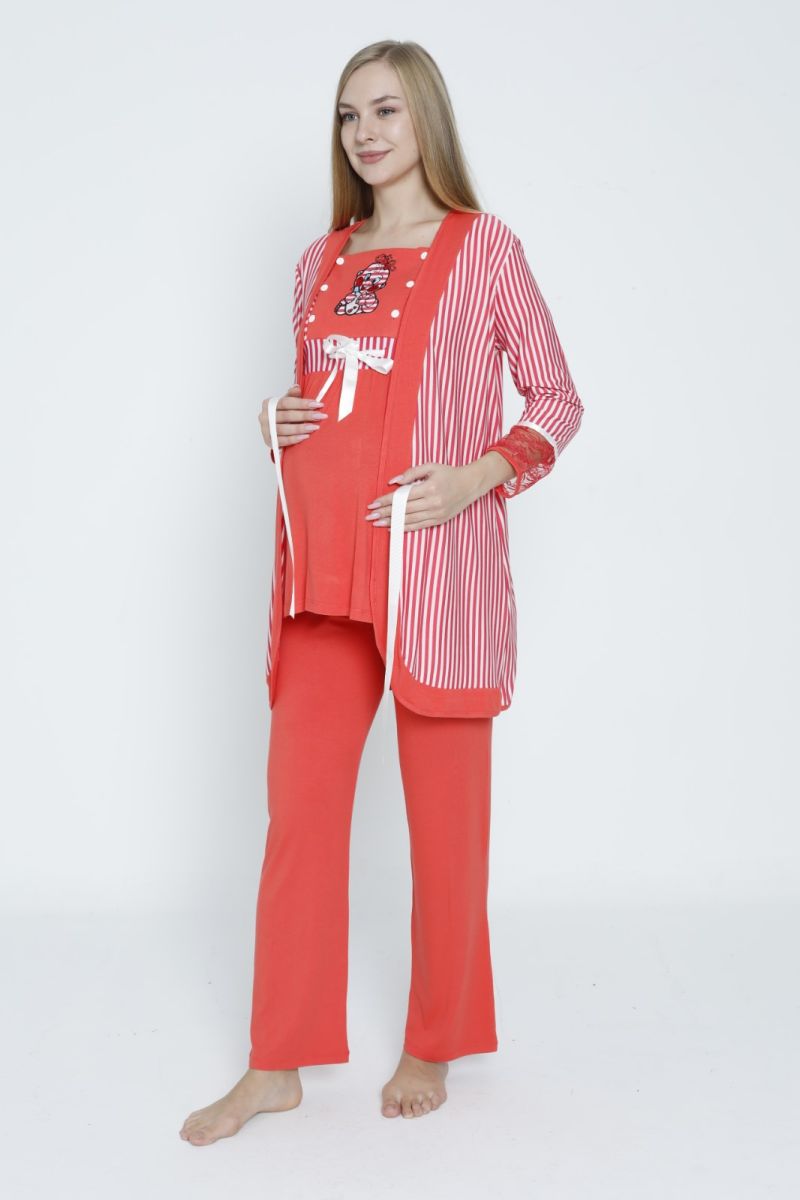 Çizgi Desenli Sabahlıklı Hamile ve Lohusa Pijama Takımı 3833